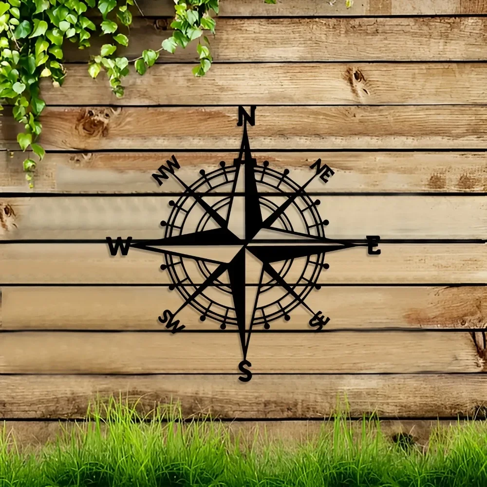 1pc Vintage Nautical Compass Rose Metal Wall Art - Large Black Iron Decor with Roman Numerals, Ideal for Home & Outdoor