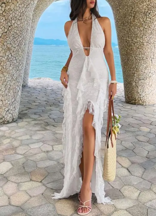 

2026 Summer New Women's Fashion Sexy Elegant Style Deep V-neck Off Shoulder Dress Women's Wear