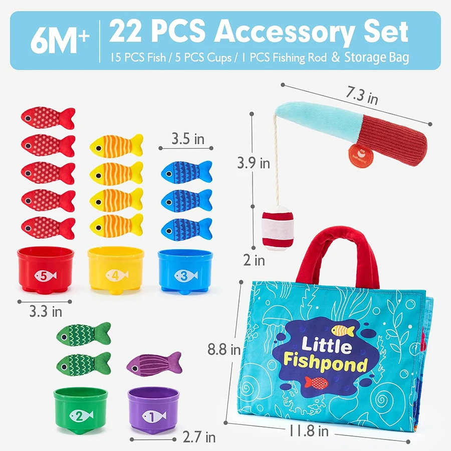 Jouets Montessori pour enfants de 1 an, jeu de pêche en tissu avec tasses empilables, jouets pour tout-petits d'un an, garçon et fille, couleur poisson Plus