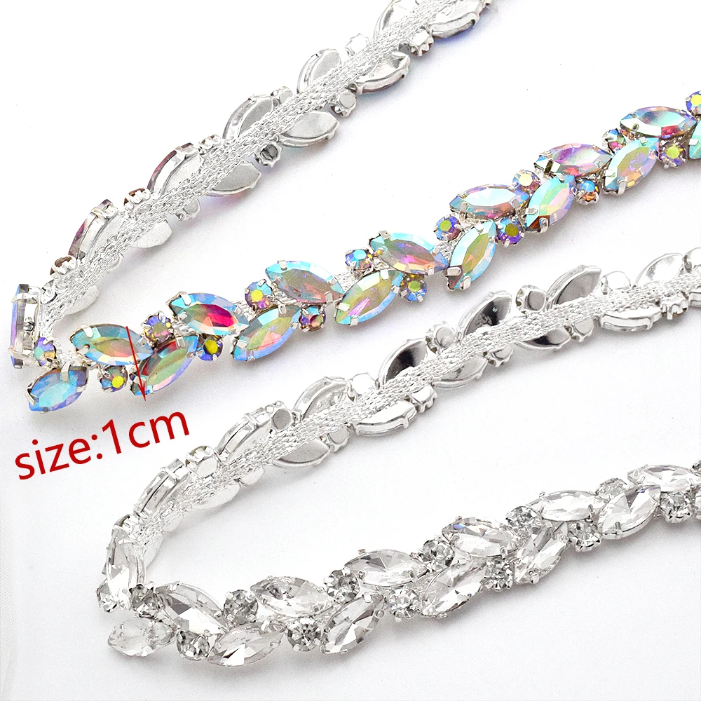 1 Yard Leaves AB Color Glass Crystal Chain Rhinestone Trim Plat Silver Crystal Chain Decoration Wedding Dress Accessories ML108