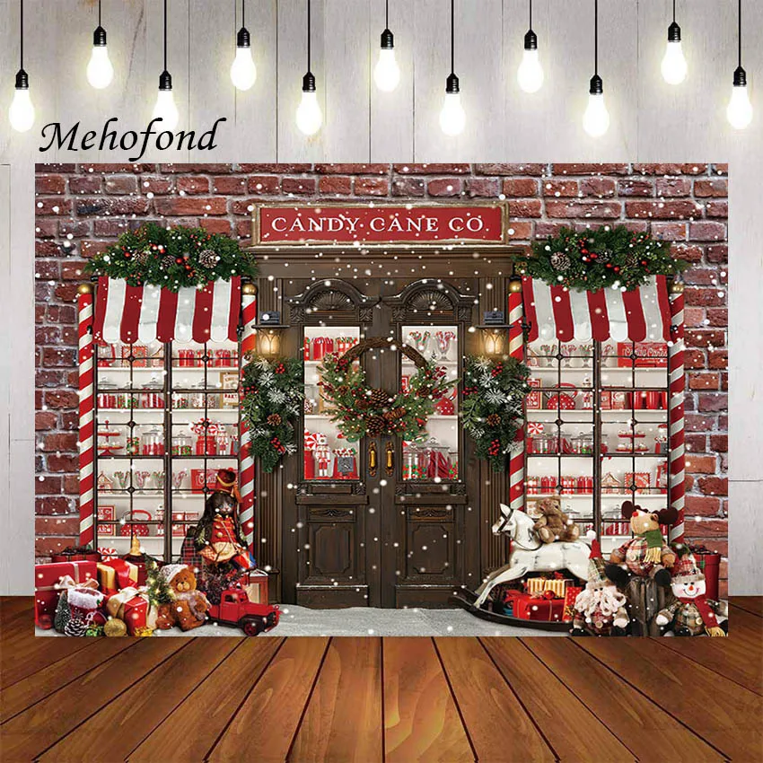 mehofond-子供のための写真の背景クリスマスのレンガの壁キャンディー店家族の肖像画背景スタジオ冬