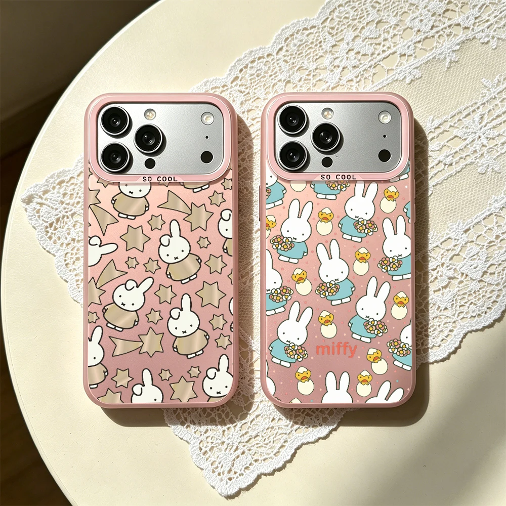 Cartoon Cute M-Miffy E Phone Case For iPhone 11 12 13 14 15 16 17 E Pro Max Plus Mini Electroplated Silver IMD Laser Pink Cover