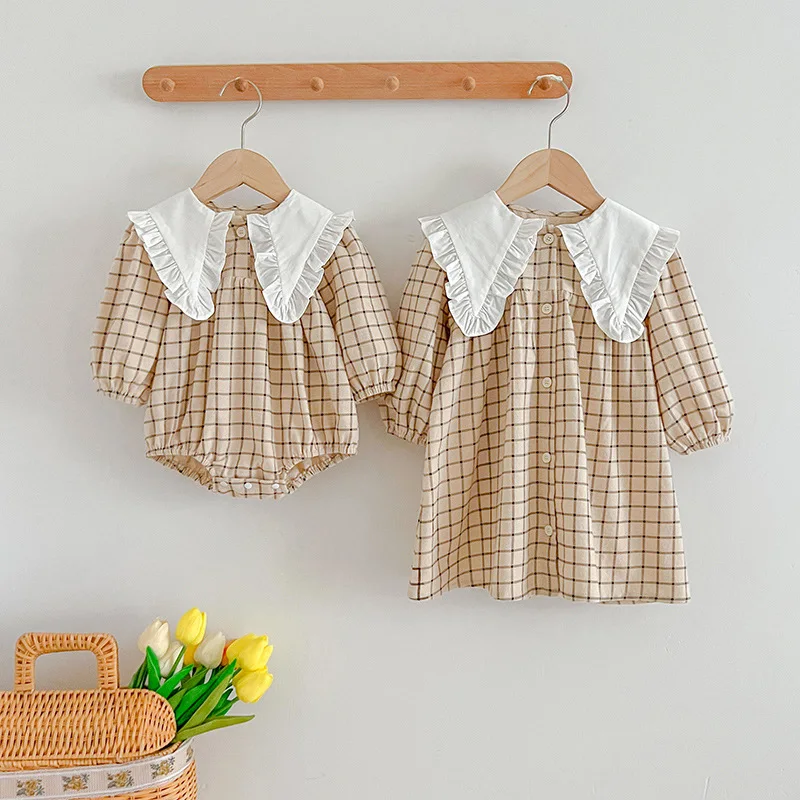 

Girls' Dress Princess Large Collar Plaid Long Sleeve Baby Girl Romper Crawling Outfit Sister Matching Outfit