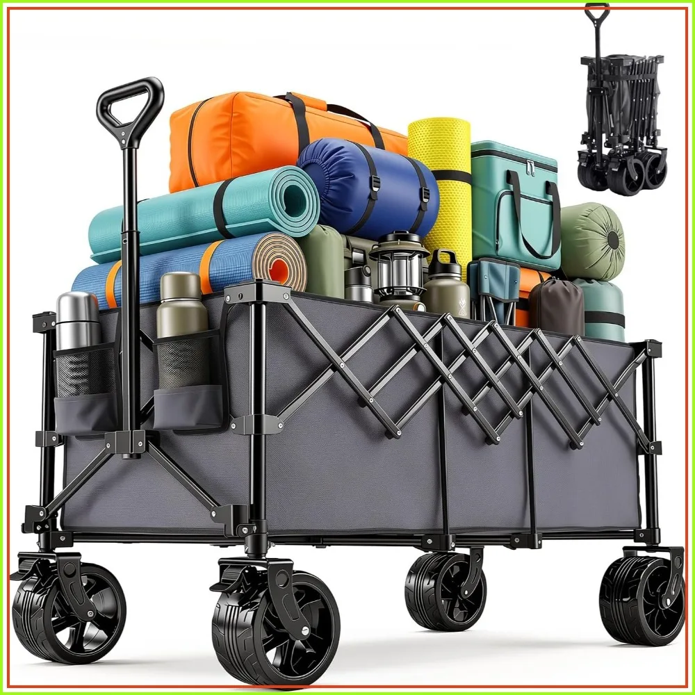 

440lbs Foldable Extra Long Heavy Duty Utility Wagon with Wheels, Portable Storage Cart for Camping, Shopping, Sports, Beach, Garden