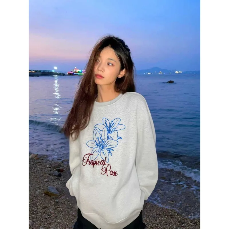 

Женские осенне-зимние толстовки с винтажным цветочным принтом Harajuku Y2K, толстовка большого размера из чистого хлопка, модный женский пуловер, пальто