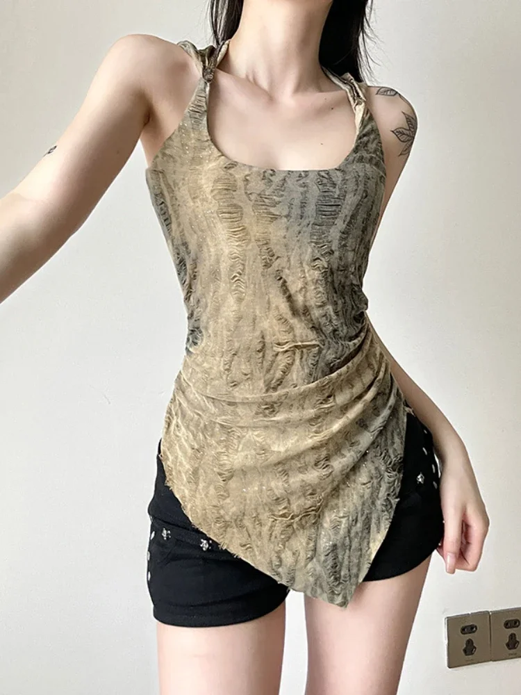 Fairy Grunge Sleeveless Holes Tank Top Hot Sexy Backless Irregular Hem Hoodies Tops Cyber Y2K Streetwear E-girl Vests