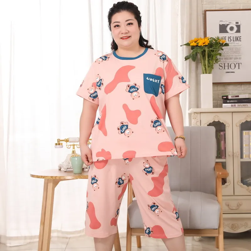 Plus size 130KG kawaii conjuntos de pijamas mulheres 100% algodão bonito dos desenhos animados mangas curtas Cropped Calças sleepwear 6301