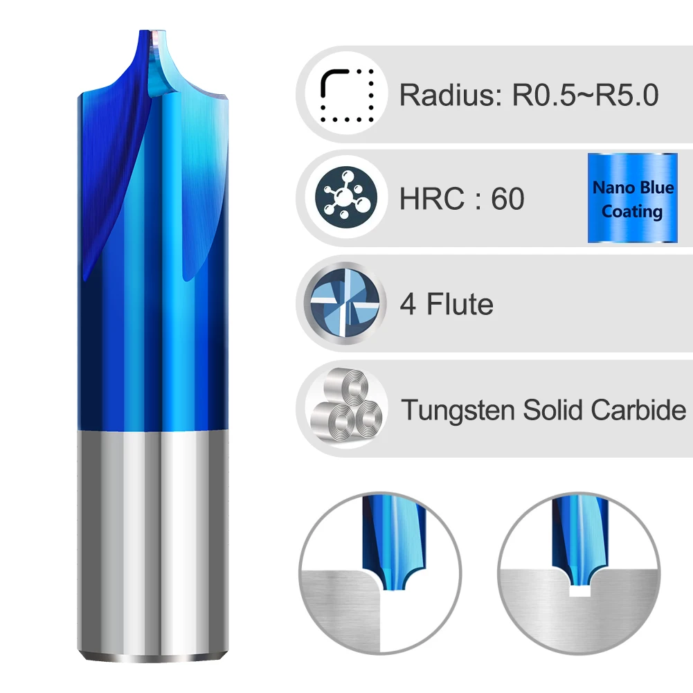 XCAN Milling Cutter Corner Rounding End Mill Nano Blue Coated Carbide Radius Router Bit for CNC Machine R0.5-R5.0