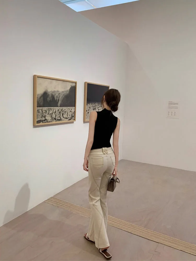 ハイウエストフレアジーンズ レディース ダブルバックル エラスティック フロア丈パンツ ブラック スリムフィット ストレッチパンツ セルフファブリックパッド