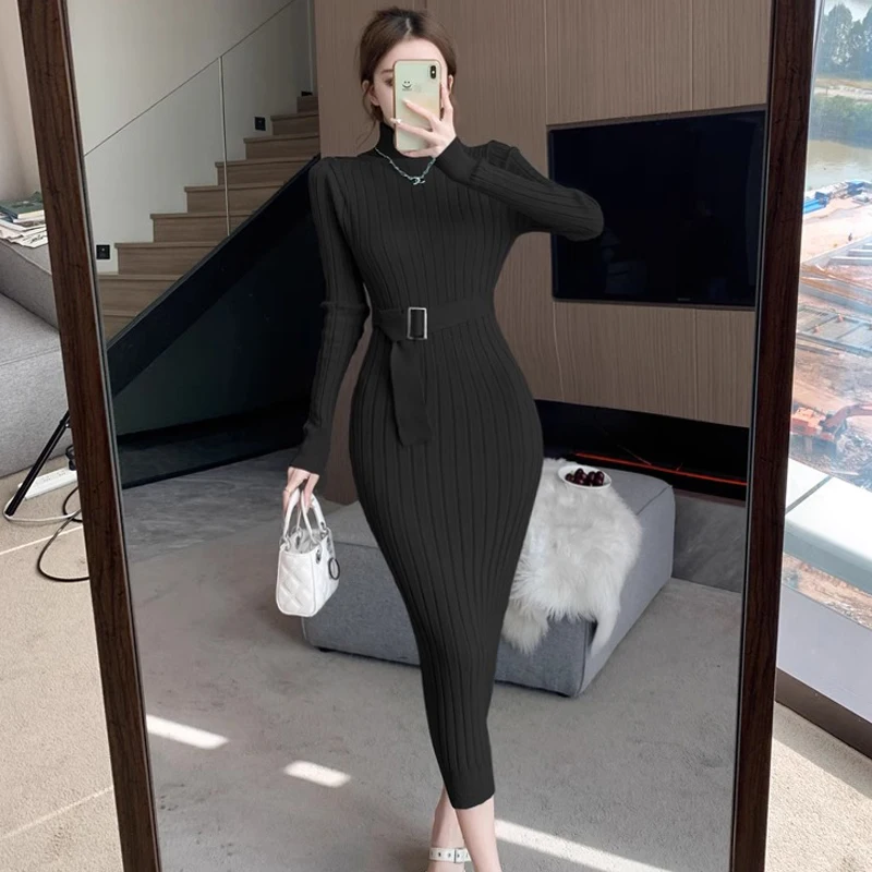 YuooMuoo Chic Fashion Sexy Package Hips Maxi Dress 2024 Jesienno-zimowa sukienka swetrowa z golfem i paskiem Lady Outfits Vestidos — zdjęcie 7