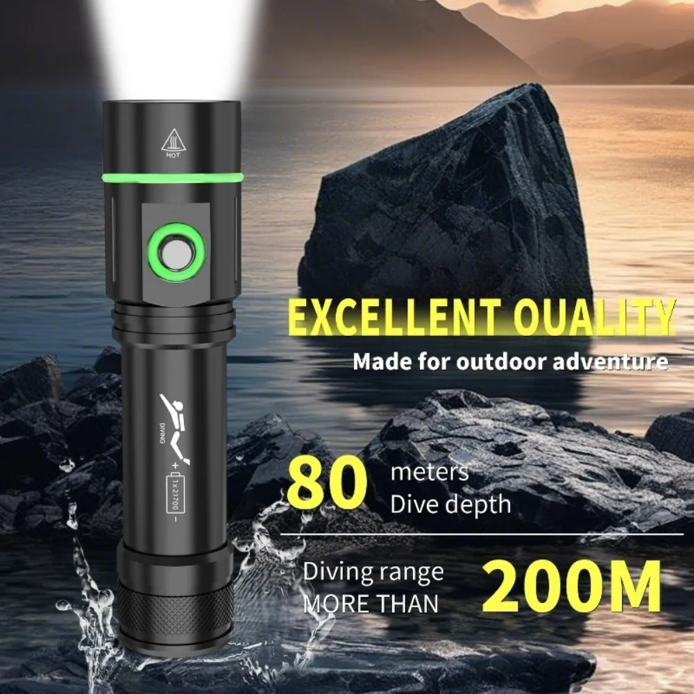 

Powerful Compact and Portable Scuba Diving Flashlight LED Lamp 80M Underwater Lantern Rechargeable Dive Torch IPX8 Waterproof