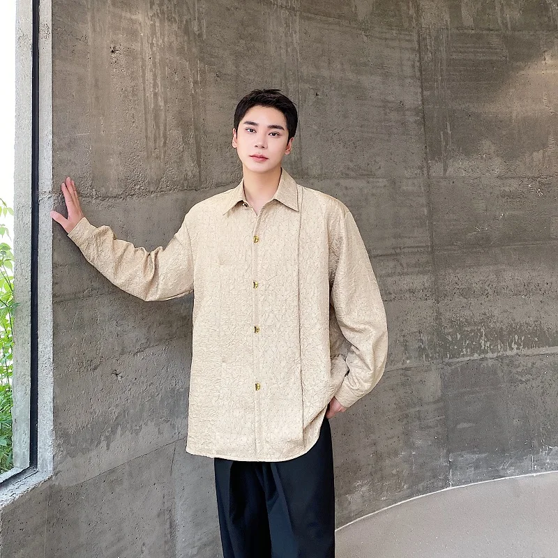 Vintage Metal Buttons Loose Shirts Men High Quality Fashion Jacquard Long Sleeve Men's Social Shirt Turn Down Collar Blouse Male