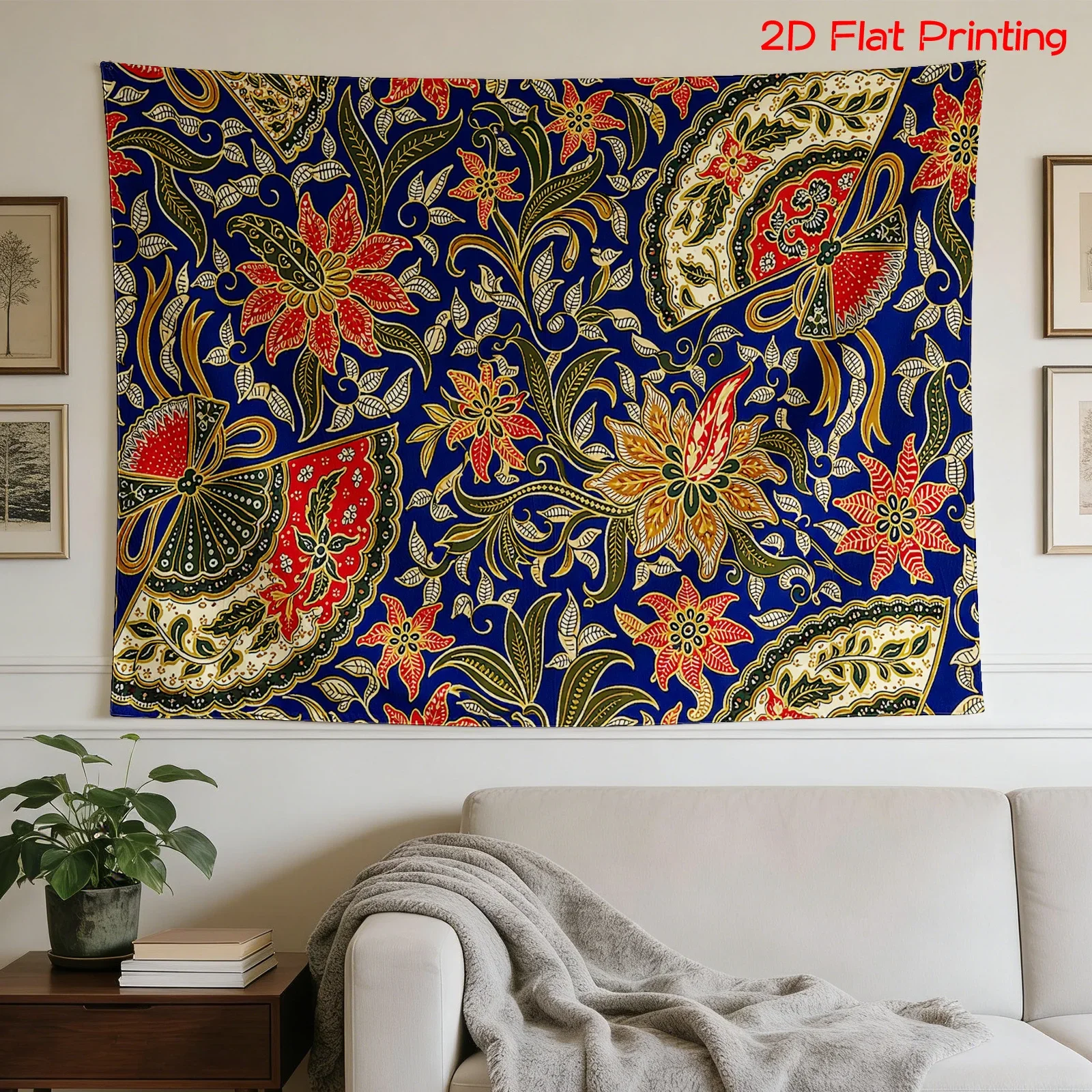 Large Blue Gold Tapestry Wall Hanging Bohemian Moroccan Floral Mural Ethnic Decor Art 180x280cm Home Accent