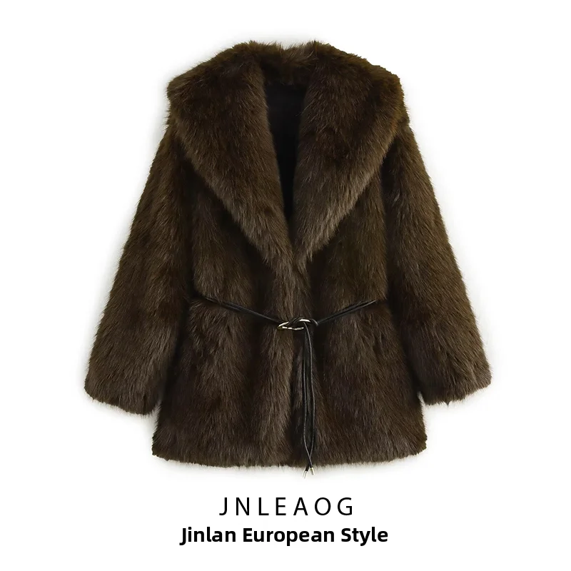 JNLEAOG Women's Comfortable Faux Fur Coat with Belt Autumn New Style European Style Standard Fit Long Sleeve Mid-Length Polye...