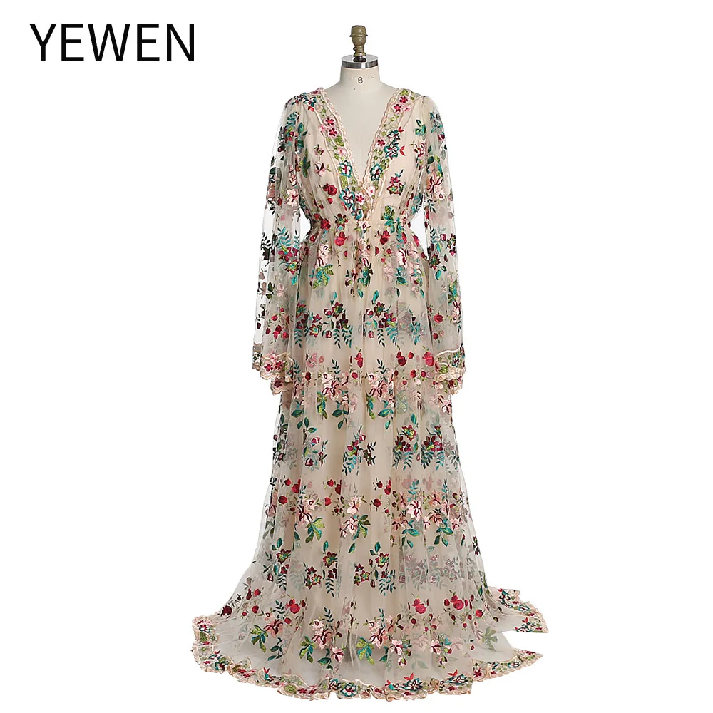 

V Neck Flower Embroidery Lace Robe Long Sleeve Evening Dress for Photoshoot Elegant Session Gown YW231000