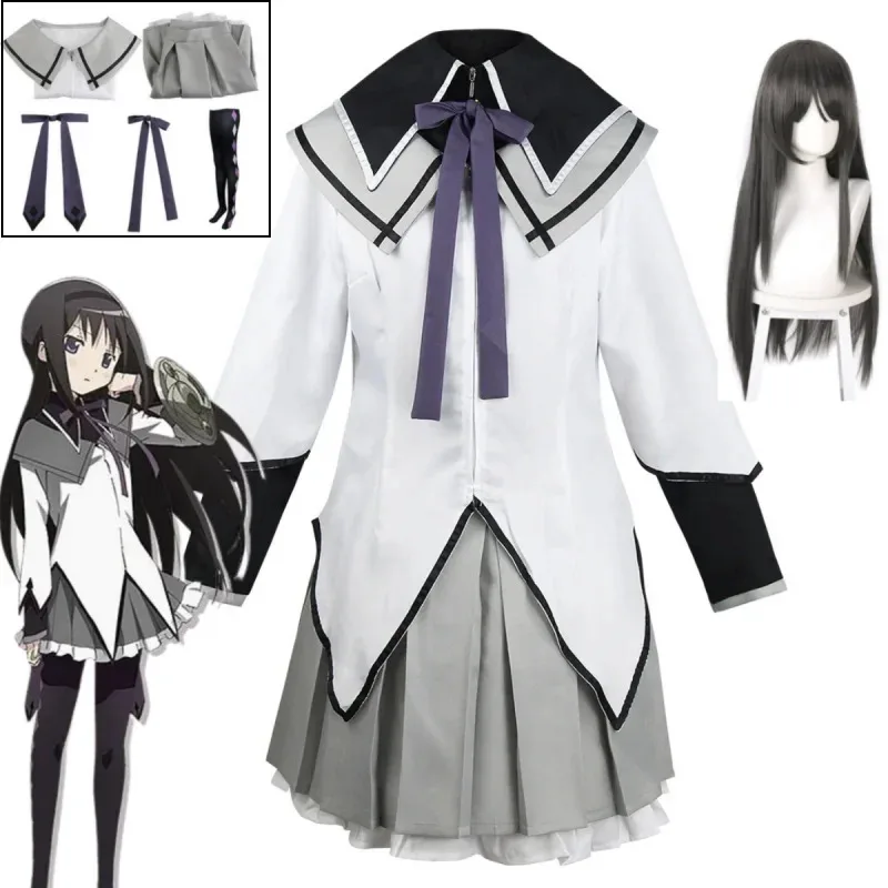 

Ainime Akemi Homura Cosplay Puella Magi Madoka Magica Cosplay Bow Wig Halloween Party Uniform Combat Dress Jk Dress
