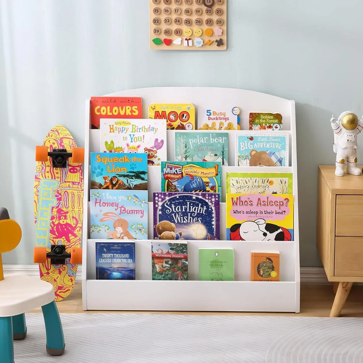 Estantería para niños de 5 niveles, estantes de exhibición de libros para niños pequeños para aulas, salas de juegos y guardería, estantería de libros de madera para niños (