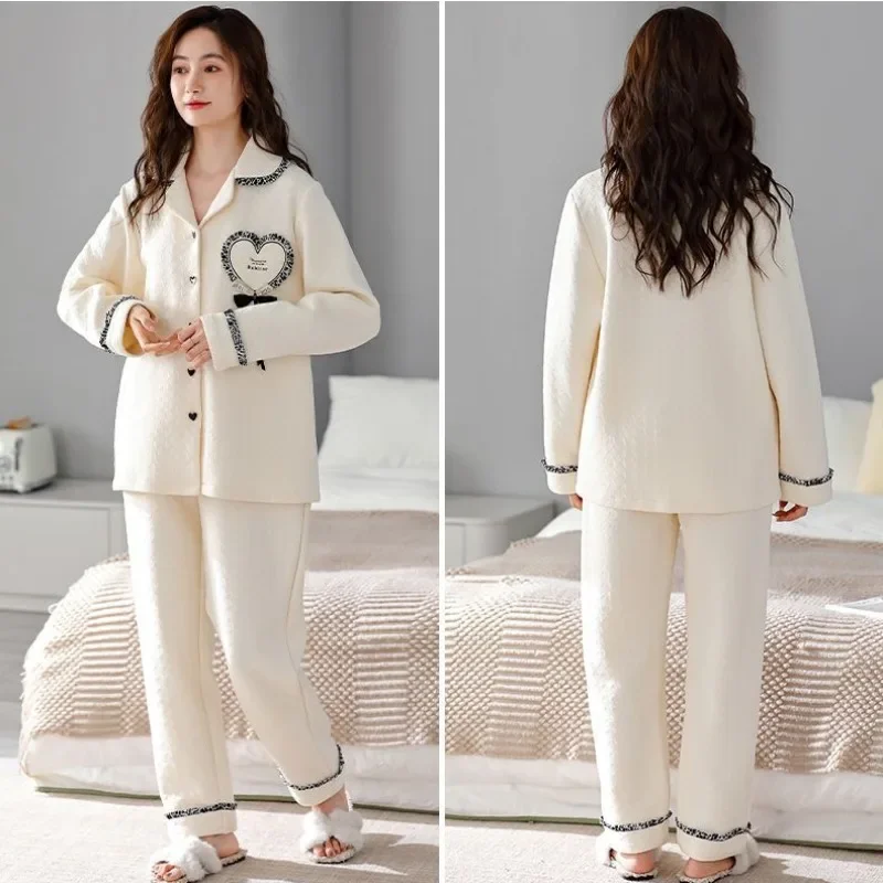 2024 New Autumn Winter Women's Thickened Sandwich Double Length Sleepwear Casual Polo Collar Loungewear Cardigan Loose Homewear