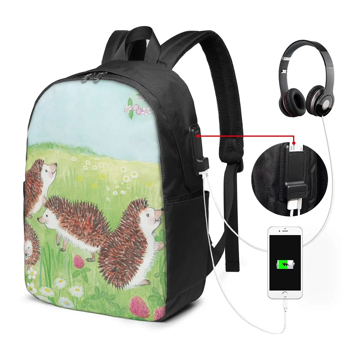 Cartoon Hedgehog In Grass With Flower Backpack Travel Notebook Bag Computer College Student School Bag Laptop Shoulder Bags