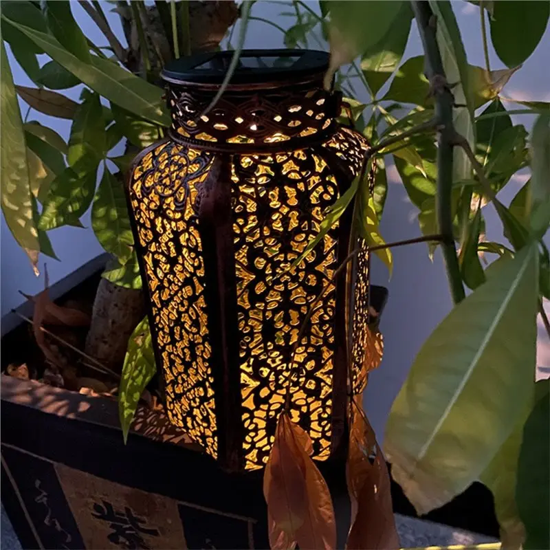 New LED Solar Hanging Lantern Retro Iron Art Hollow Light Metal Pathway Landscape Lamp Vintage Outdoor Decorative