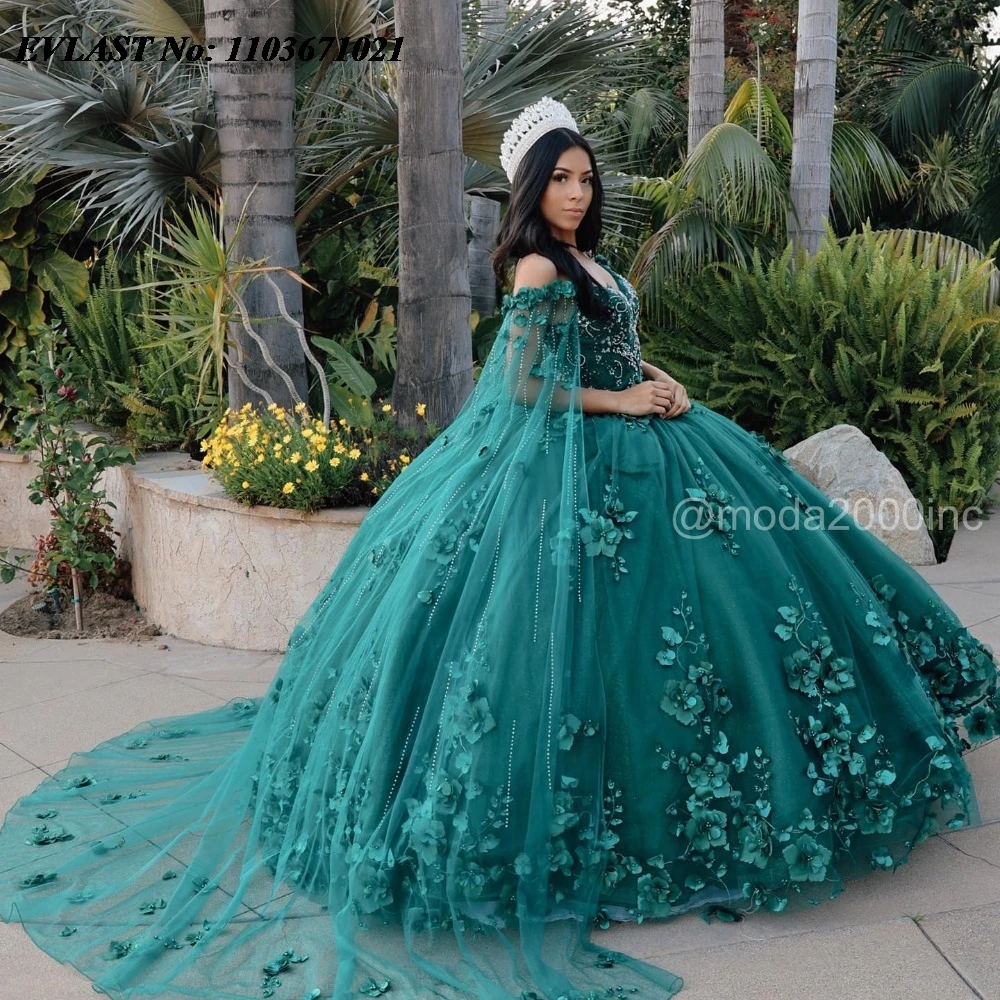 

EVLAST Glitter Dark Green Quinnceanera Dress Ball Gown 3D Floral Applique Beading Cape Corset Sweet 16 Vestidos De 15 Anos SQ477