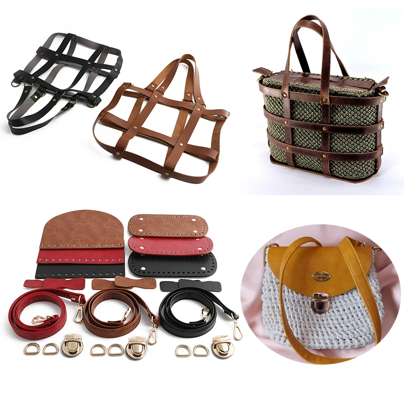 

Набор для изготовления сумок в ретро-стиле: дно и клапан из искусственной кожи, вместительная сумка-тоут с вырезами для вязания крючком и вязания спицами