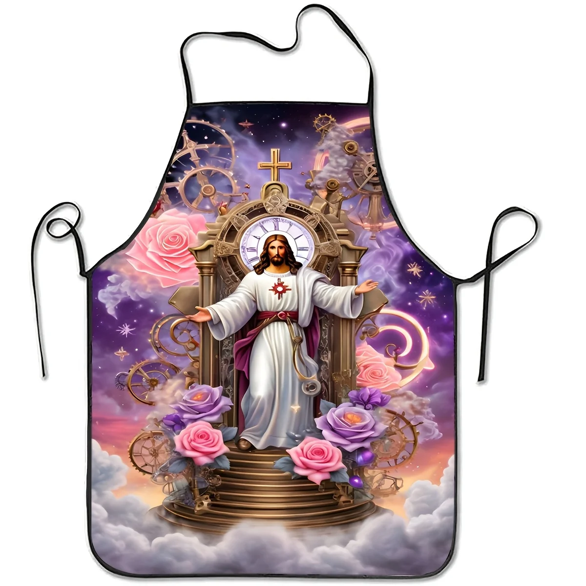1pc Jesus Christ With Cloak And Roses Print Polyester Apron, Unisex For Home Use, Home Decor Kitchen Baking Work Apron, Christma