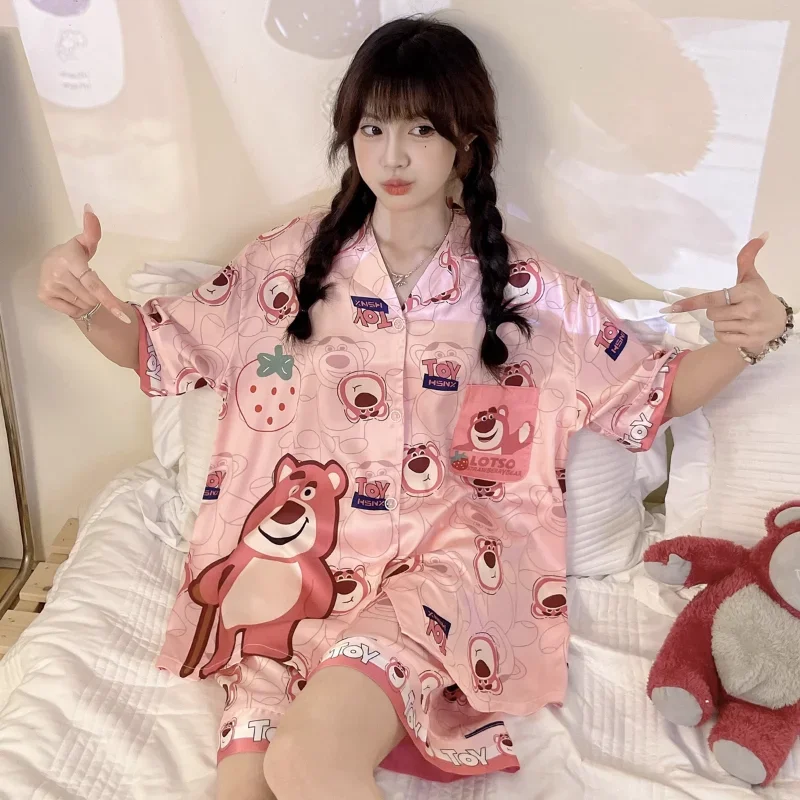 Disney New Strawberry Bear Pajamas Ice Silk Satin Casual and Lightweight Transparent Please Cool Cute Cartoon Home Suit Pajamas