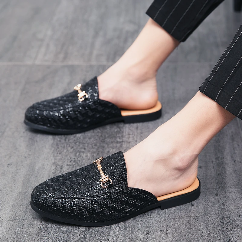 Mens Shoes Italian Men Half Slipper Leather Loafers Moccasins Outdoor Non-slip Black Casual Slides Summer Fashion Shoes Business