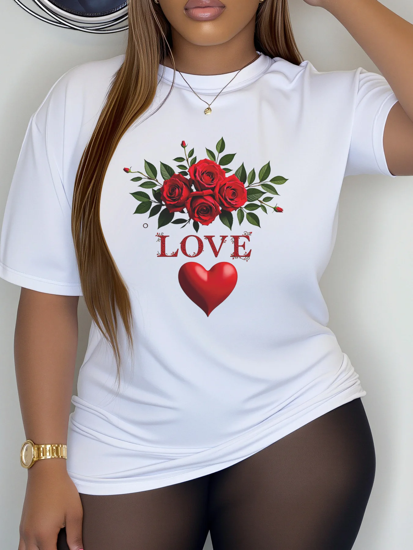 Women'S Summer Short Sleeve Casual Rose Heart Print Slim Fit Breathable Fabric Perfect Harajuku Sleeve Casual Aesthetic Clothes
