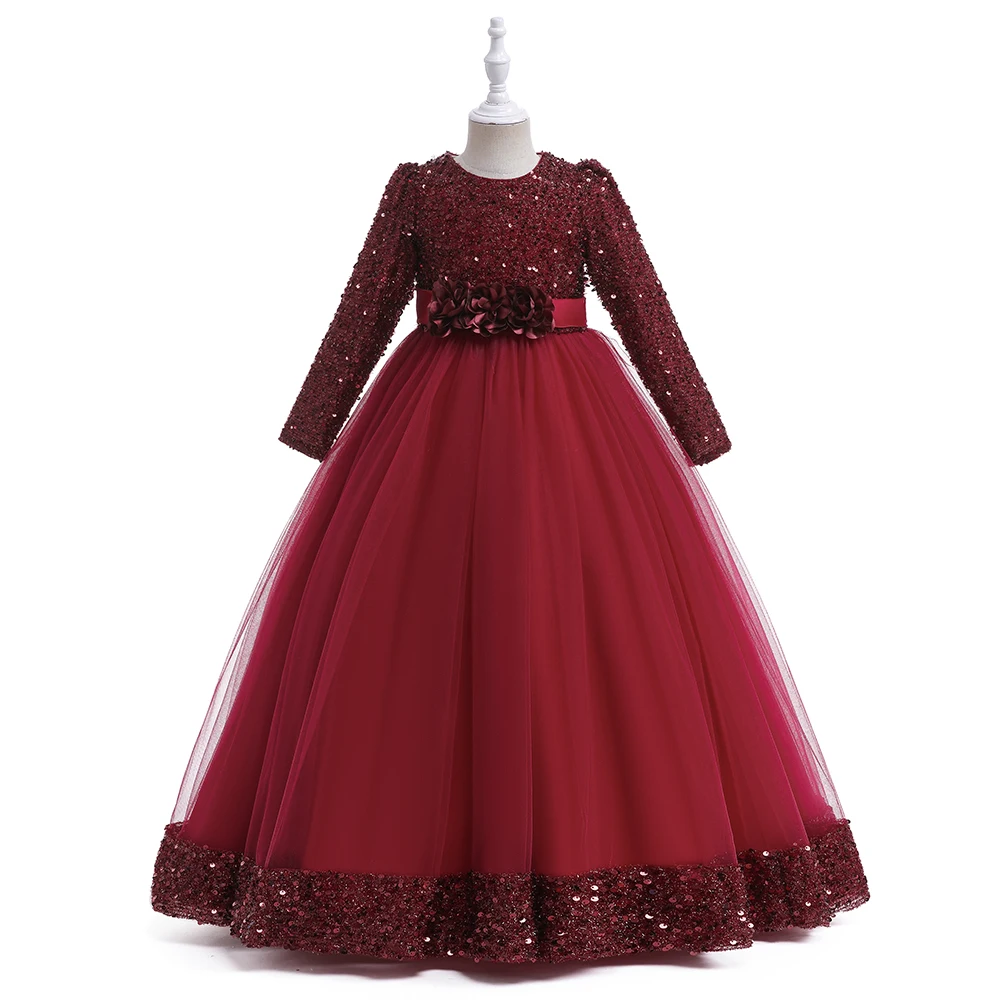 2024 Sequin Christmas Kids Party Dresses For Girls Bridemaid Costume Flower Long Sleeve Prom Princess Dress Wedding Evening Gown