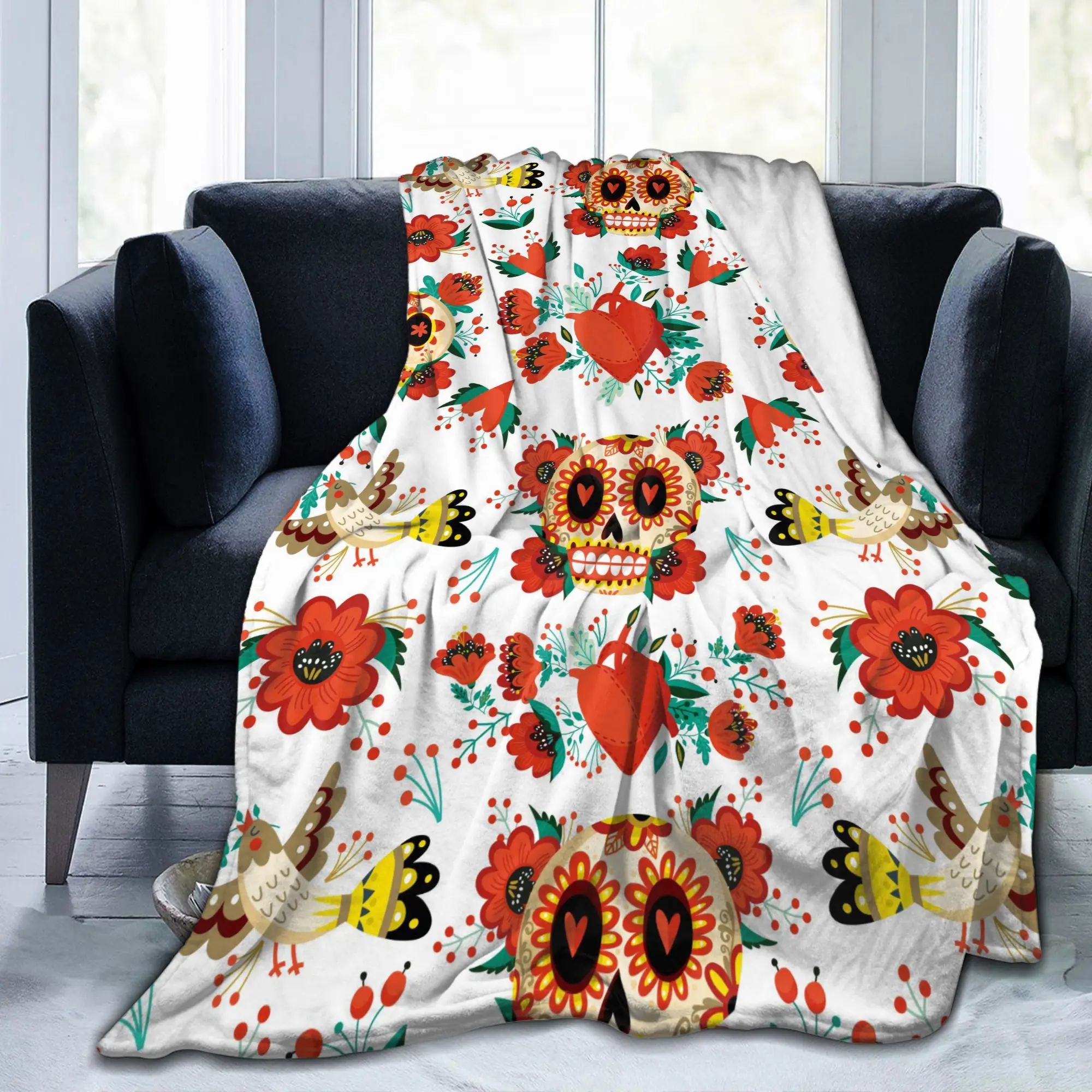 

Sugar Skull Halloween Mexican Knitted Blankets Coral Fleece Plush Adorable Folk Style Lightweight Throw Blankets for Bed Bed Rug