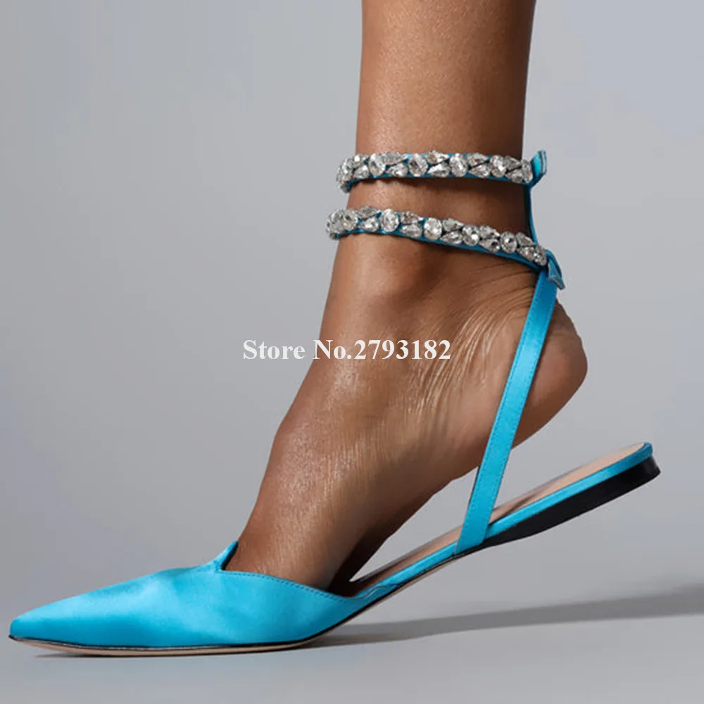 

Rhinestones Straps Flat Pumps Newest Bling Bling Pointed Toe Satin Ankle Crystals Dress Flat Heels Charming Wedding Flat Shoes