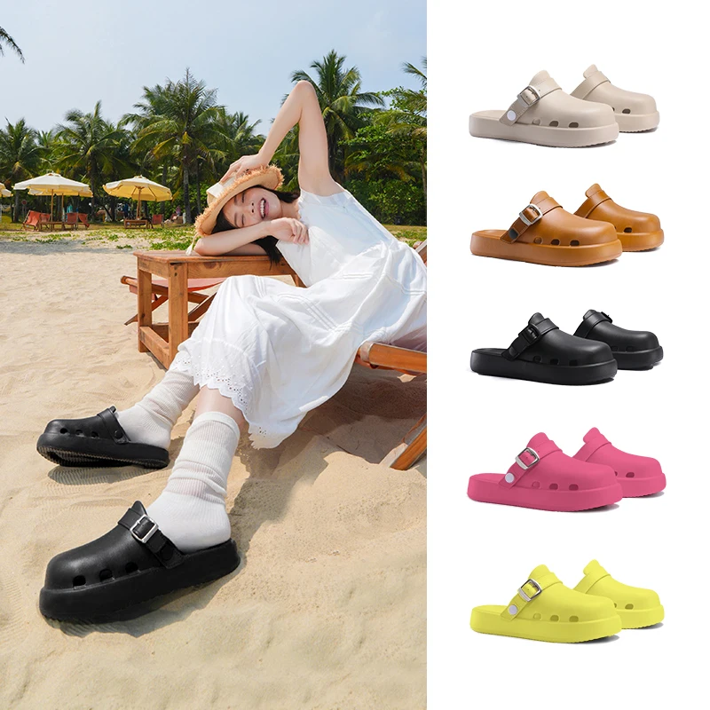 2024 New Women Heels Slippers Street Slides Shoes EVA Openwork Sandals Platform Square Heels Modern Slippers Leisure Mules Shoes