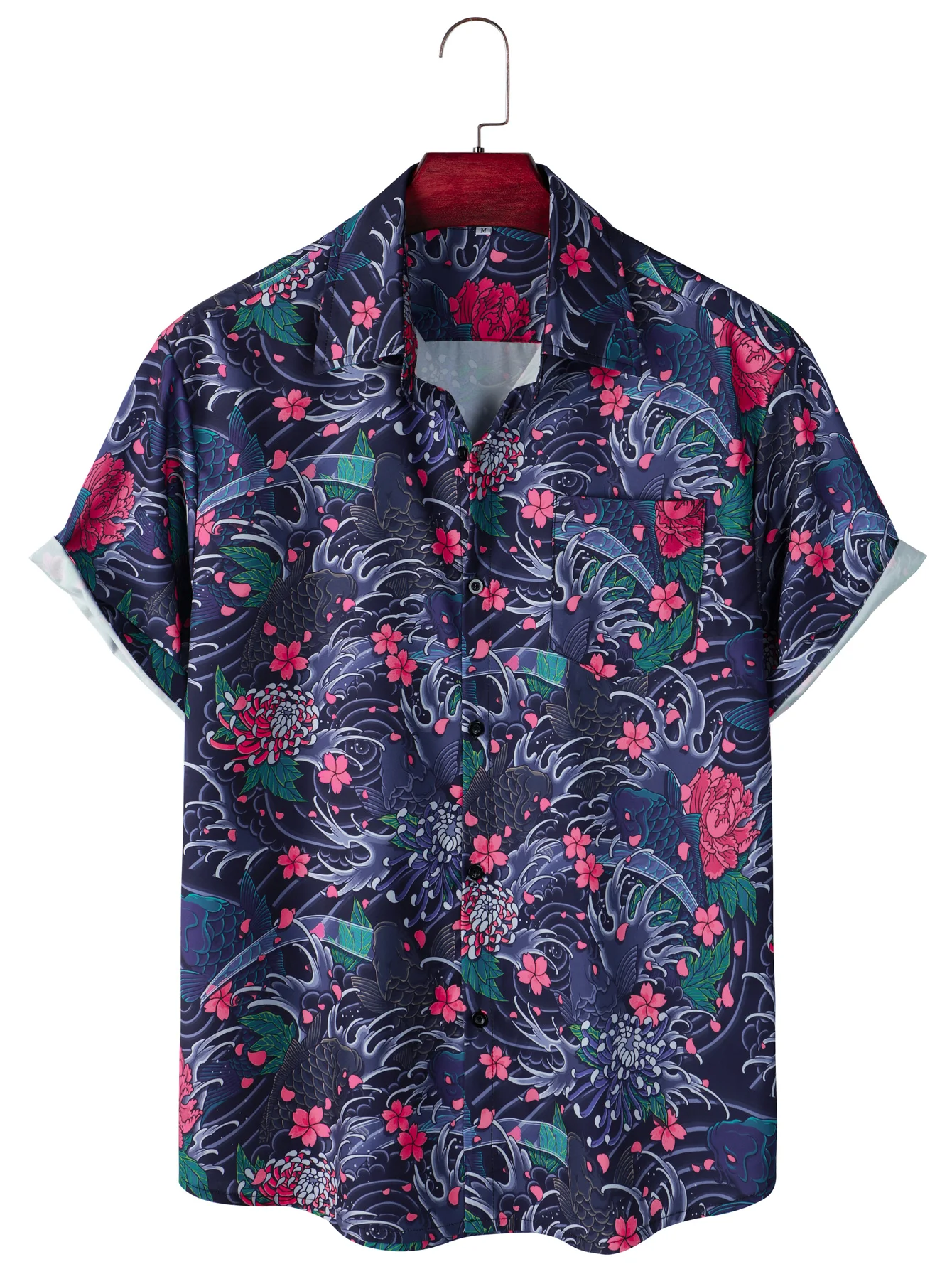 Men\'s Hawaiian Shirt with Flower & Leaf Print - Casual Short Sleeve Shirt for Summer Vacation and Resort - Tops for Men