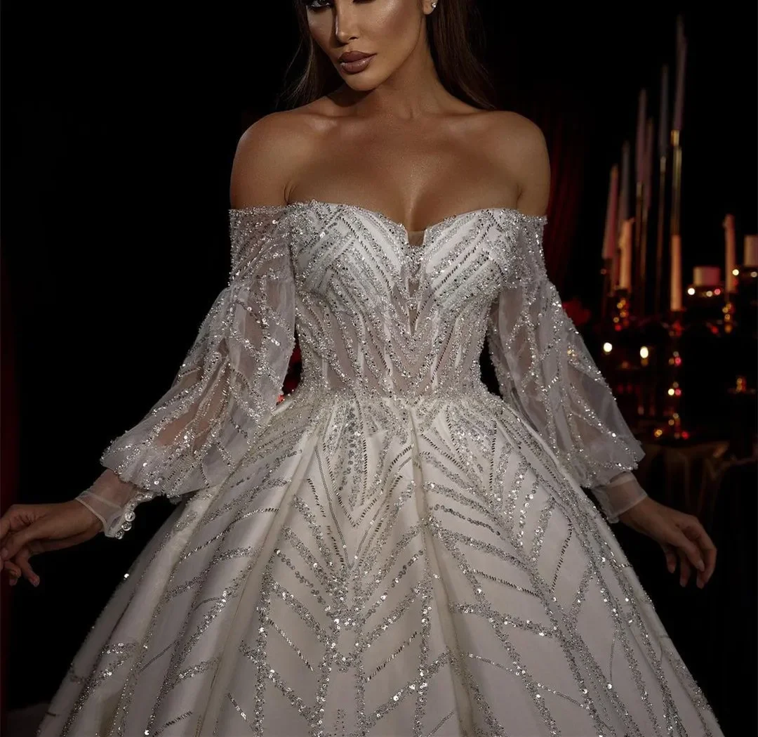 Customized Luxurious Shiny 3D Lace Sequins Women's Dance Dress Long Sleeved Sweetheart Collar Backless Sexy Beach Bride Dress