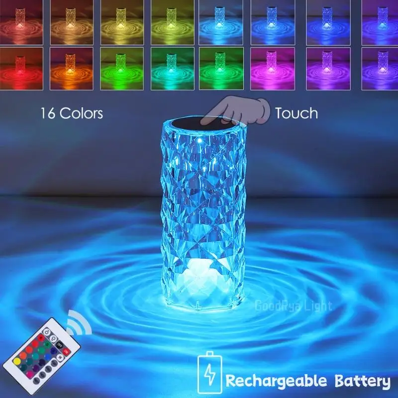 

3/16 Colour LED Crystal Table Lamp Rechargeable Touch Rose Romantic Night Lamp Bedroom Atmosphere Light USB Home Bar Decor