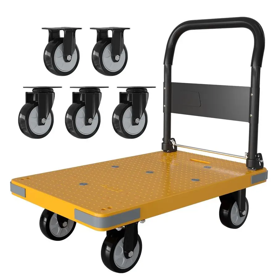 

Push Cart, Folding Mobile Platform Trolley,Thickened and Reinforced, 360 Swivel Wheels,28.3 L x 18.9 W, 440 lb. Yellow Dolly car
