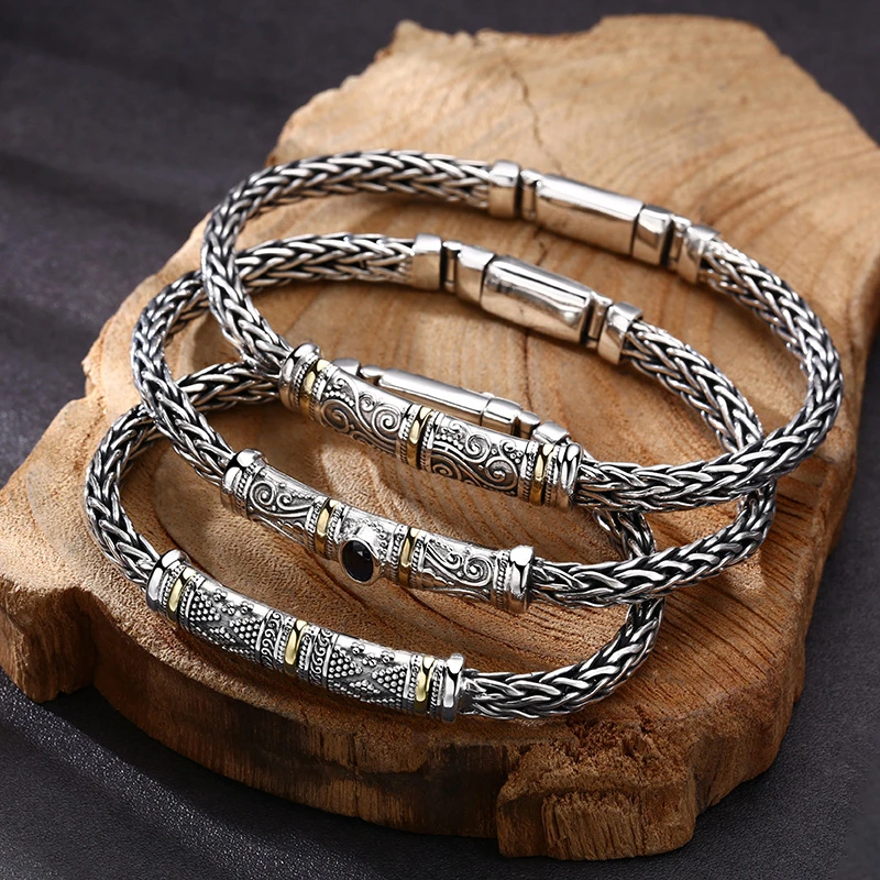 HX Silver Color Personalized Braided 5mm Tang Grass Pattern Bracelet Domineering Trendy Retro Distressed Series Fashion Jewelry