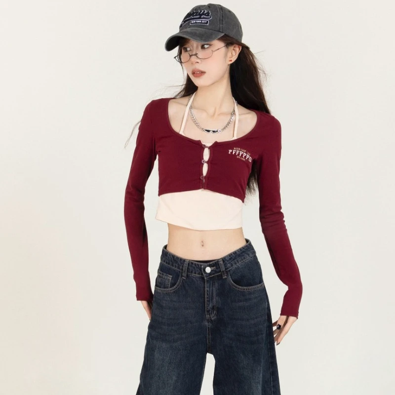 Summer T-shirts Women Embroidery Fake 2pics Design Korean Style Simple Office Lady Crop Tops Sexy Slim Hot Girls Street Fashion