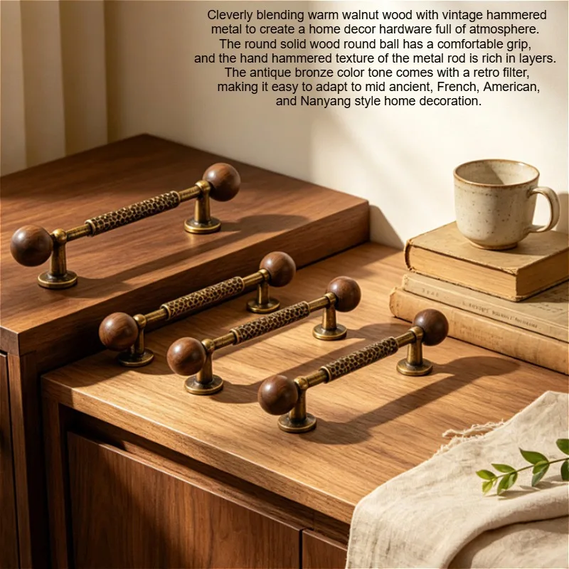 Vintage wooden ball antique copper handle, hammer patterned metal handle, wardrobe rattan cabinet door solid wood handle