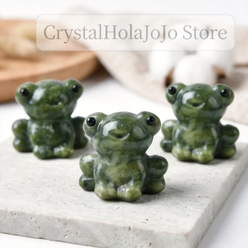 Natural Serpentine Jade Frog Carving Hand Carved Green Stone Frog Animal Figurine Home Study Room Decoration Gift