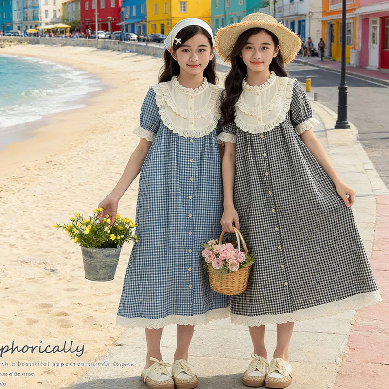 

Подростковое летнее платье для девочек, с рюшами и кружевным воротником, макси, длинное, хлопковое, для праздников, 2026, винтажное