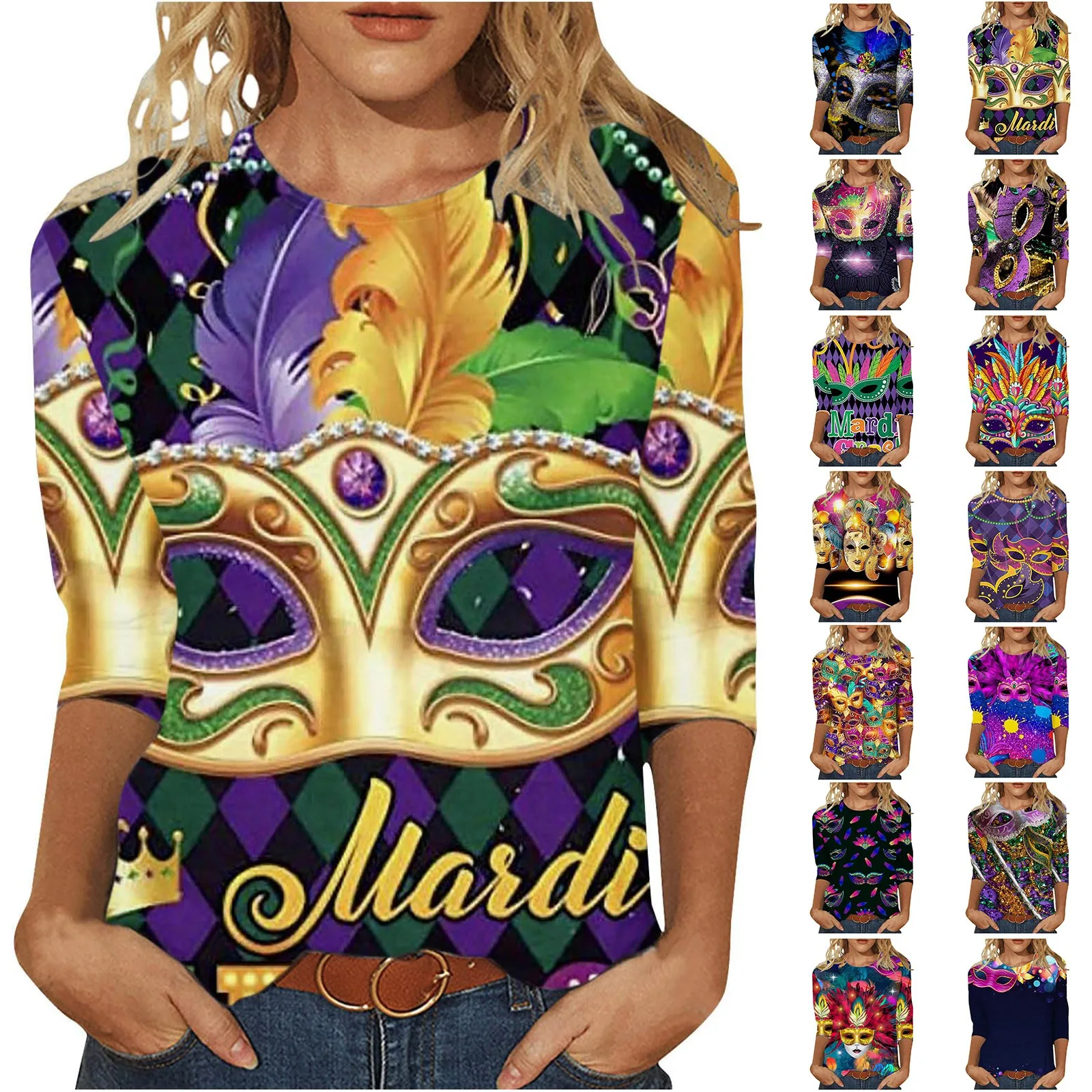 New Carnival Mask Carnival Theme Print Trendy Print T Shirts Women Round Neck 3/4 Sleeve Tshirts Crewneck Blouse Tops Party Tee