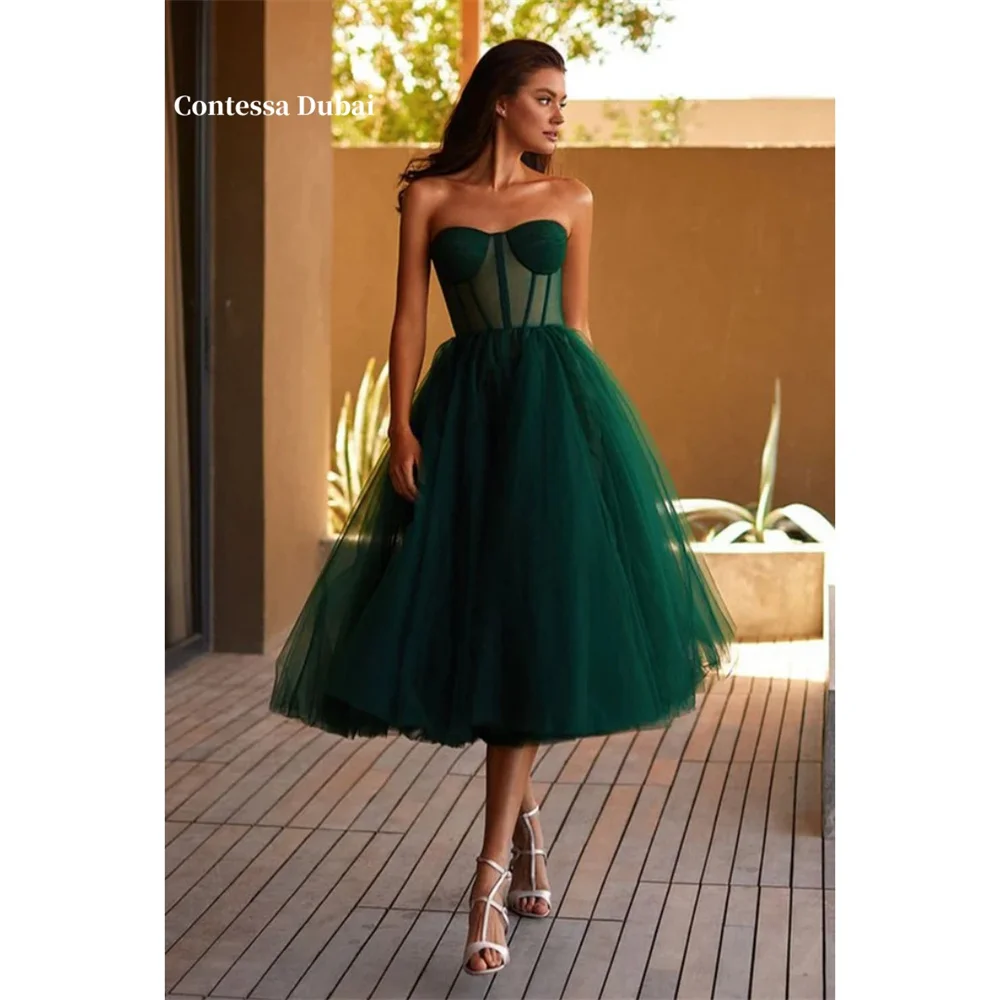 

Contessa Dubai Tull Strapless Waist Cinching Prom Dresses Lace-Up Back Dark Green فساتين سهرات Sleeveless A-Line robes de soirée