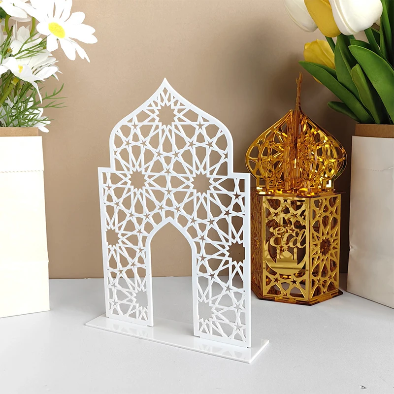 2025 Ramadan Acrylic Ornament Hollow Out Moon Star Castle Tower Tabletop Decoration Standing Plate Islamic Muslim Party Supplies