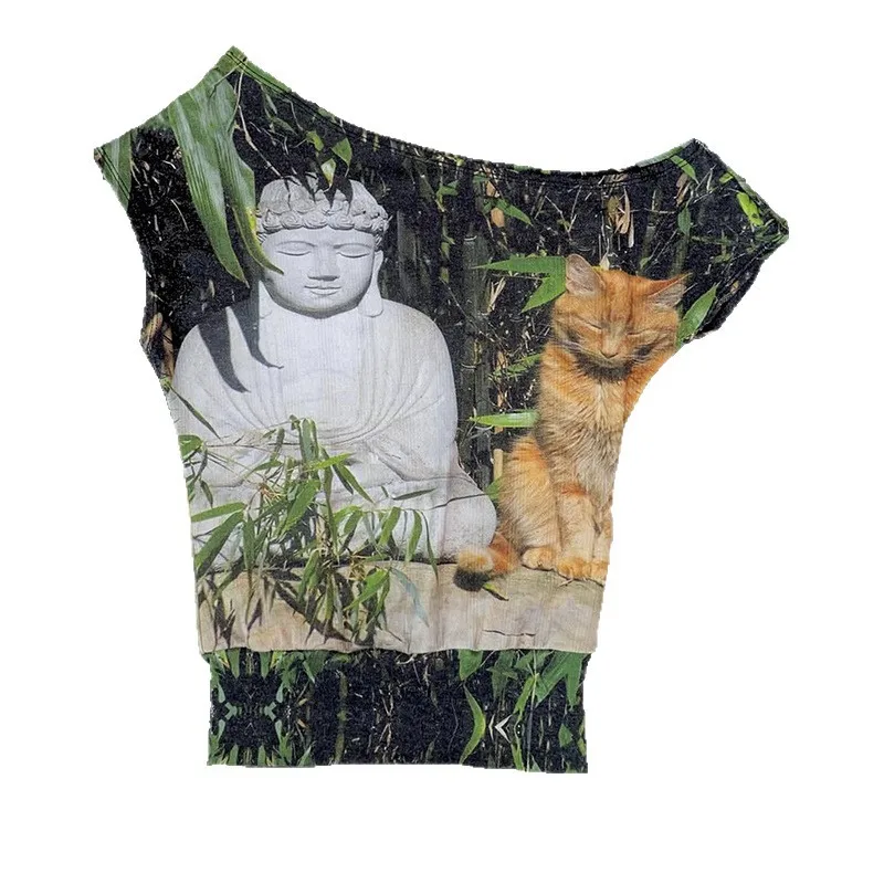 Y2K Retro T Shirt Bamboo Orange Cat Print Cross Shoulder Off Shoulder Short Sleeve Sexy for American and European Music Festival