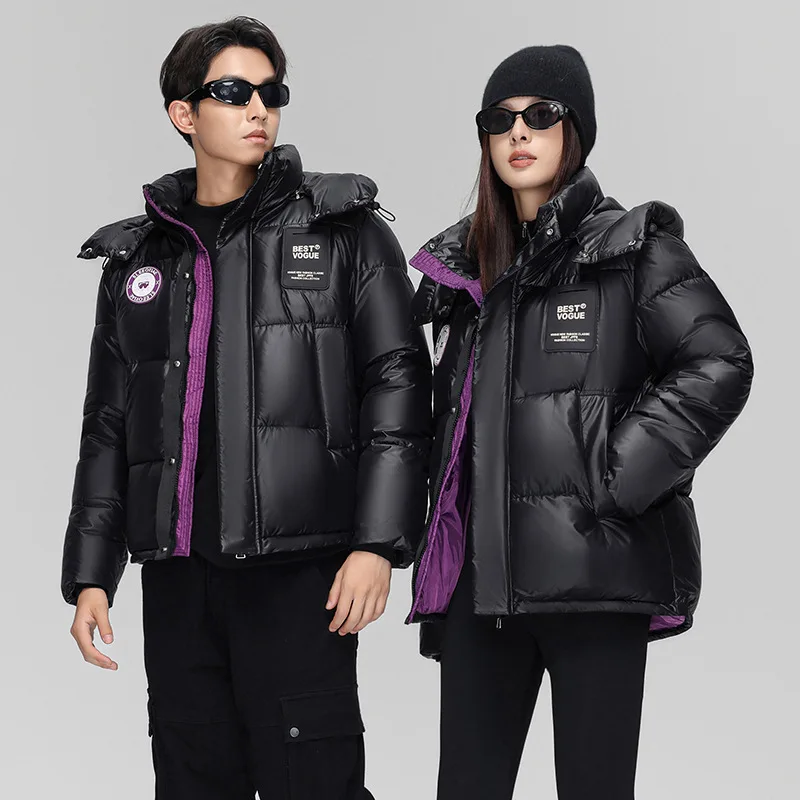 

Модная короткая куртка с капюшоном для мужчин и женщин, зимняя теплая хлопковая куртка золотисто-фиолетового цвета, ветрозащитная верхняя одежда, парные комплекты для влюбленных