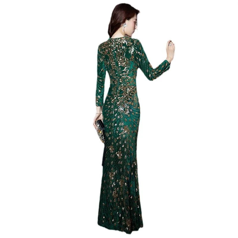 Evening Dress Fishtail Host Long Sleeve And Green Temperament Banquet Sequined Dress H8922