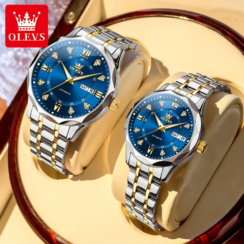 OLEVS Original Luxury Couple Watch Waterproof Luminous Mechanical Watch His and Her Stainless Steel Strap Automatic Wristwatch